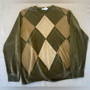 Geoffrey Beene Dark Gray Green Argyle Crewneck Pullover Sweater Men's Size XL